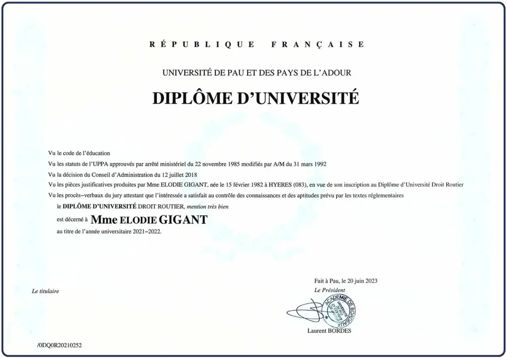 Diplôme de Maître Elodie Gigant
